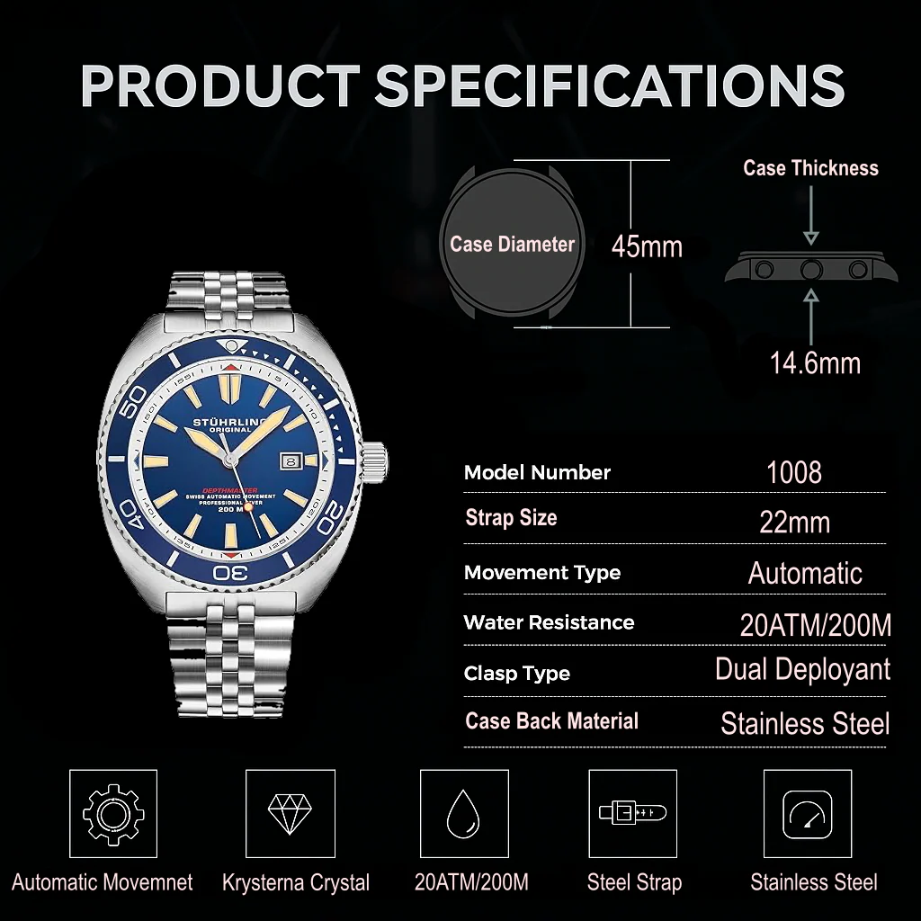Stührling The Swiss Automatic Depthmaster 1008 45mm Diver - Image 19